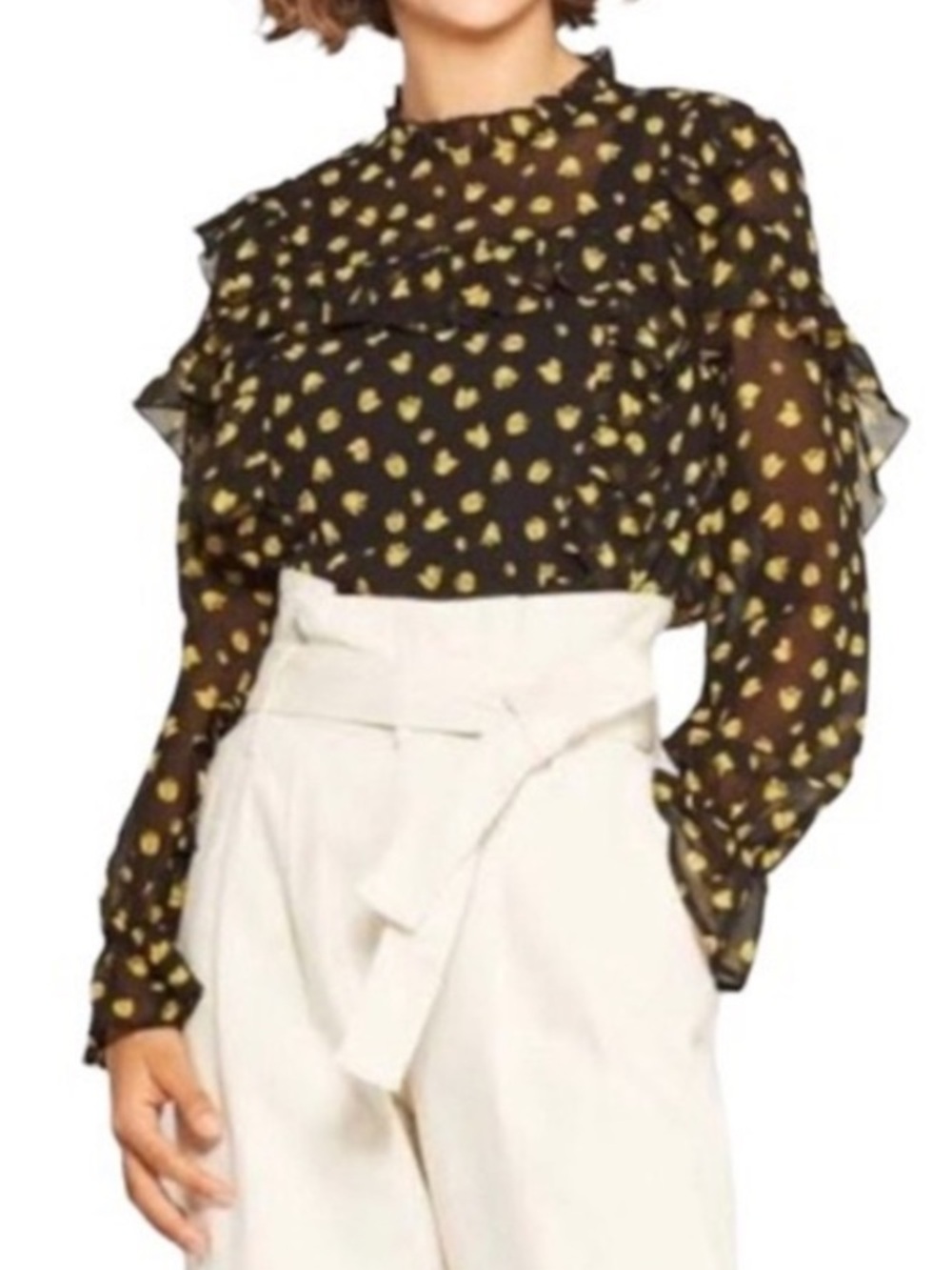Who What Wear Black Sheer yellow tulip print ruffle Blouse gathered hems XS
